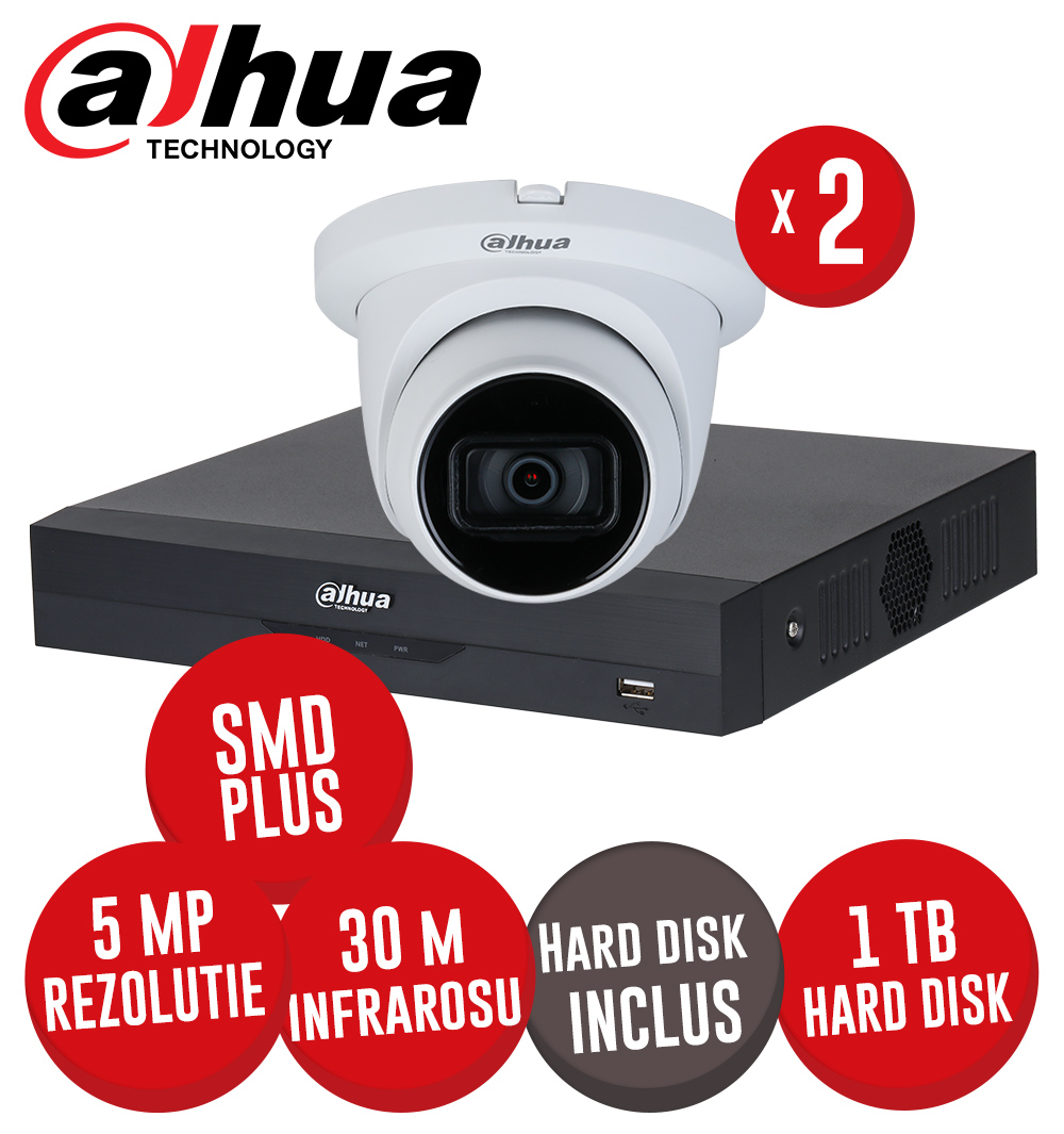 KIT DVR 4 canale 8MP SMD+, 2 camere 5MP dome, IR 30m, HDD 1TB - KIT561