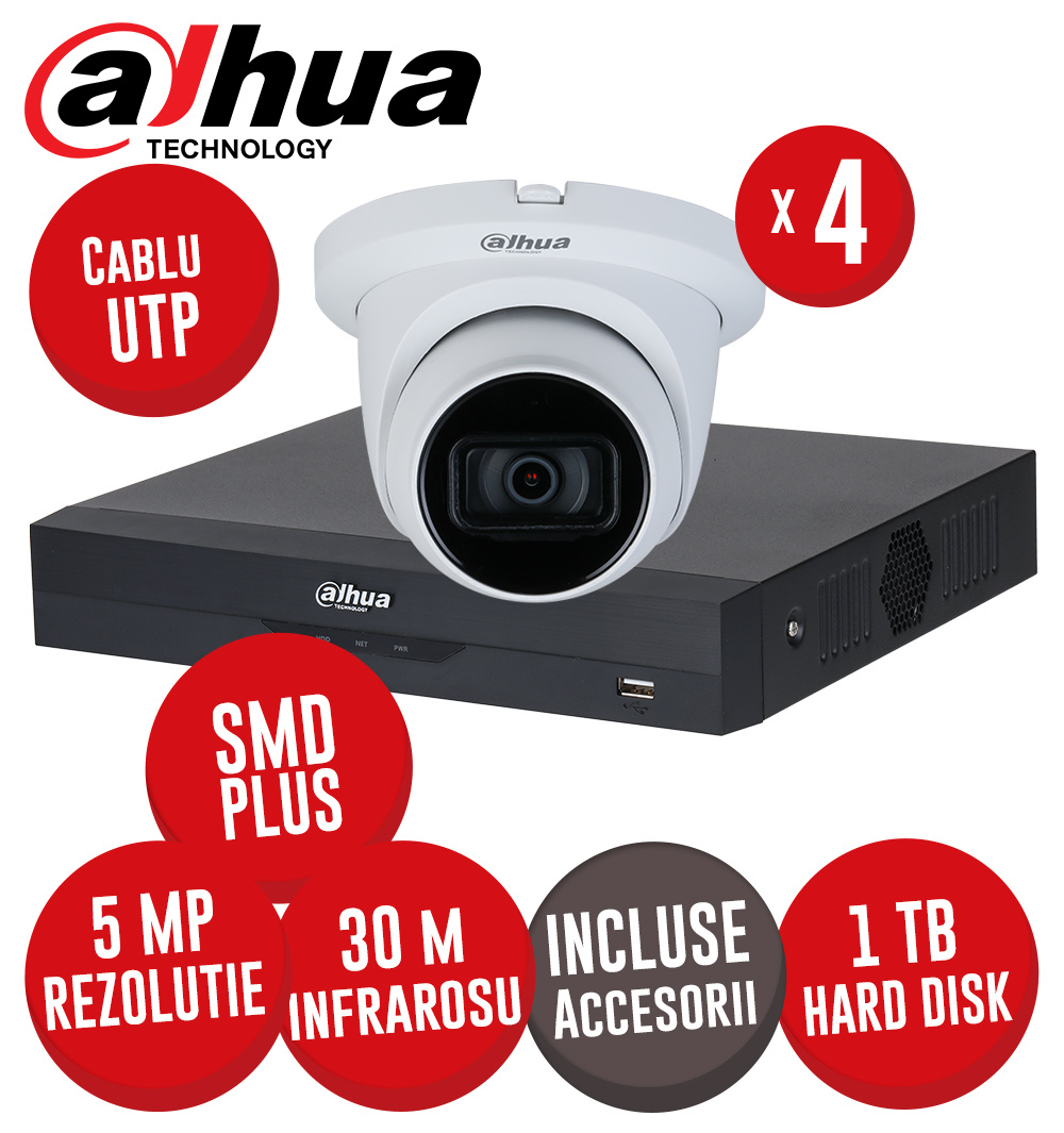 Sistem DVR 4 canale 8MP SMD+, 4 camere 5MP dome, IR 30m, HDD 1TB si accesorii, UTP - KIT563