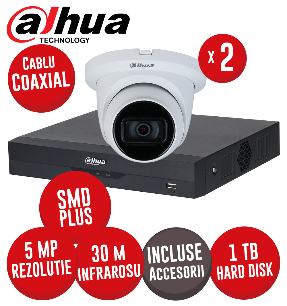Sistem DVR 4 canale 8MP SMD+, 2 camere 5MP dome, IR 30m, HDD 1TB si accesorii, coaxial - KIT565