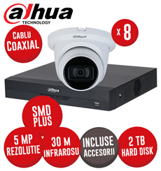 Sistem DVR 8 canale 8MP SMD+, 8 camere 5MP dome, IR 30m, HDD 2TB si accesorii, coaxial - KIT566