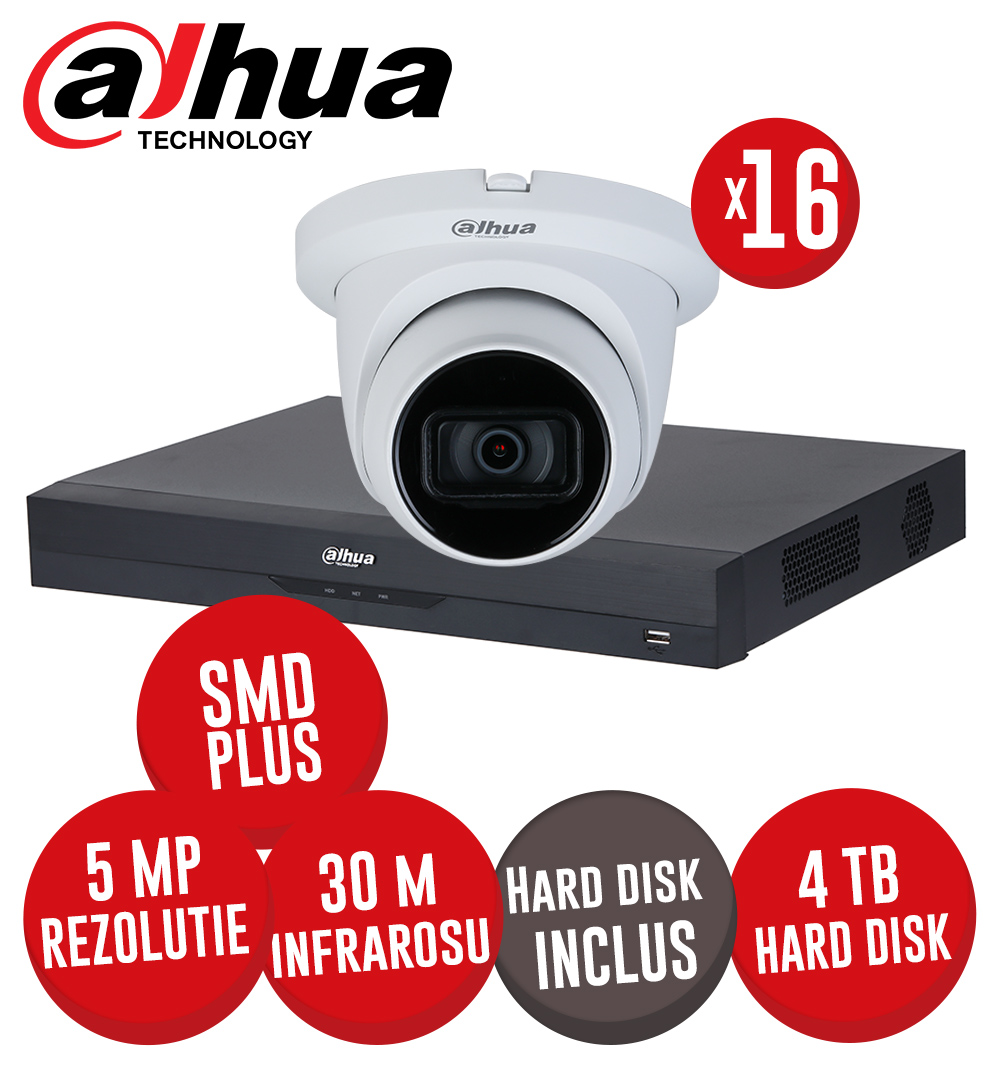 KIT DVR 16 canale 8MP SMD+, 16 camere 5MP dome, IR 30m, HDD 4TB - KIT571