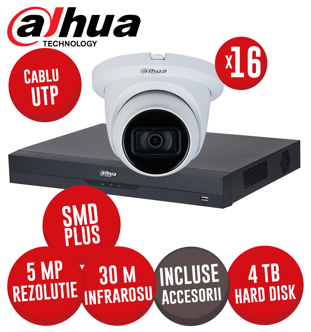 Sistem DVR 16 canale 8MP SMD+, 16 camere 5MP dome, IR 30m, HDD 4TB si accesorii, UTP - KIT572
