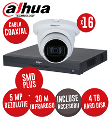 Sistem DVR 16 canale 8MP SMD+, 16 camere 5MP dome, IR 30m, HDD 4TB si accesorii, coaxial - KIT573