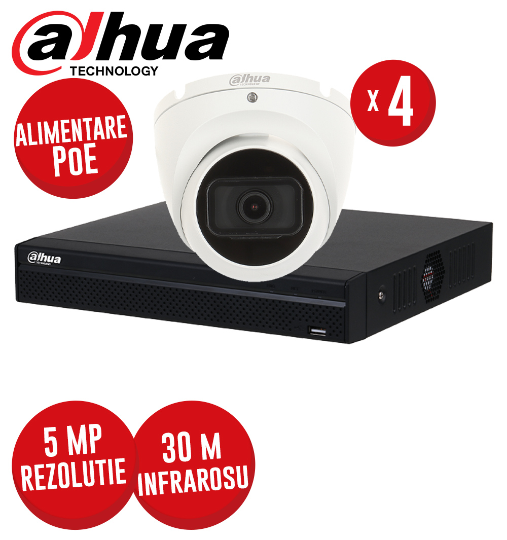 Kit NVR 4 canale 8MP, 4xPoE, 4 camere IP 5MP, IR 30m - KIT575