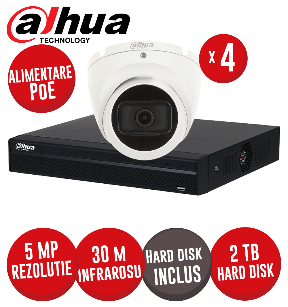 Kit NVR 4 canale 8MP, 4xPoE, 4 camere IP 5MP, IR 30m, HDD - KIT576