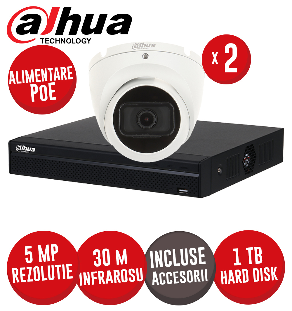 Sistem complet NVR 4 canale 8MP, 4xPoE, 2 camere IP 5MP, IR 30m, HDD, accesorii - KIT578