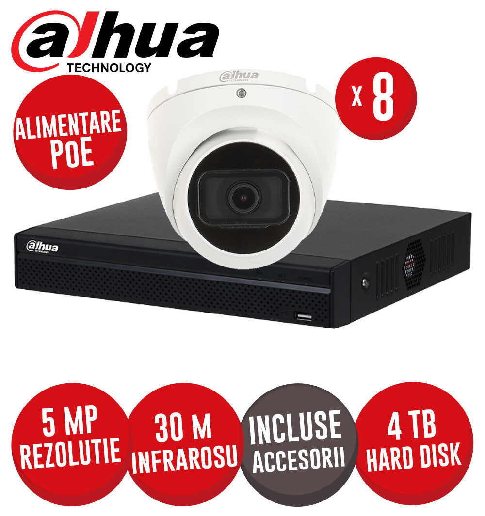 Sistem complet NVR 8 canale 8MP, 8xPoE, 8 camere IP 5MP, IR 30m, HDD, accesorii - KIT580
