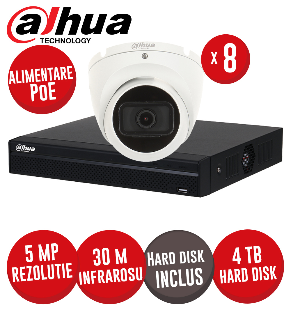 KIT NVR 8 canale 8MP, 8xPoE, 8 camere IP 5MP, IR 30m, HDD - KIT581