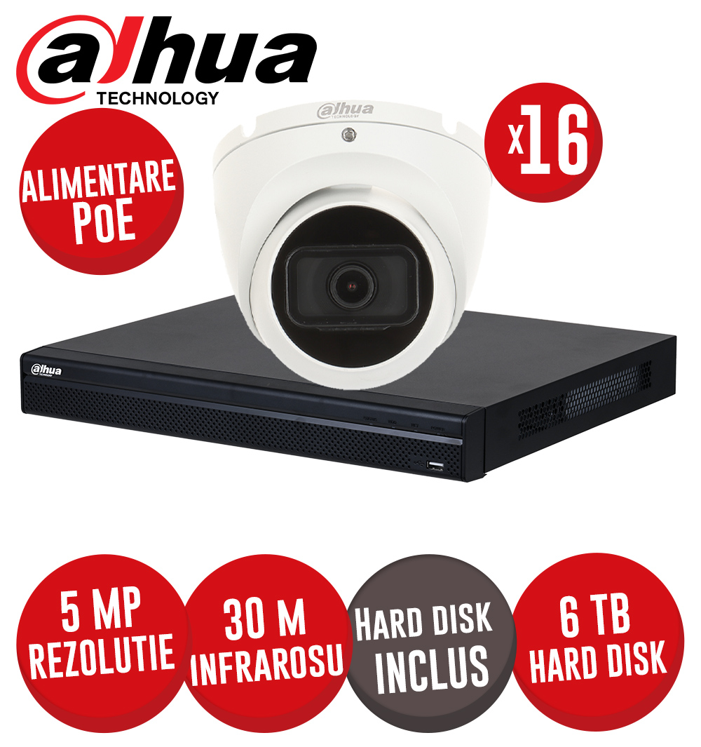 KIT NVR 16 canale 8MP, 16xPoE, 16 camere IP 5MP, IR 30m, HDD - KIT584