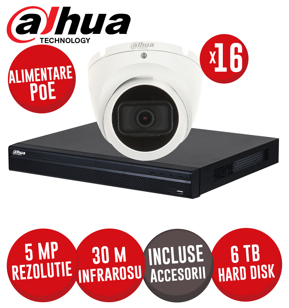 Sistem complet NVR 16 canale 8MP, 16xPoE, 16 camere IP 5MP, IR 30m, HDD, accesorii - KIT585