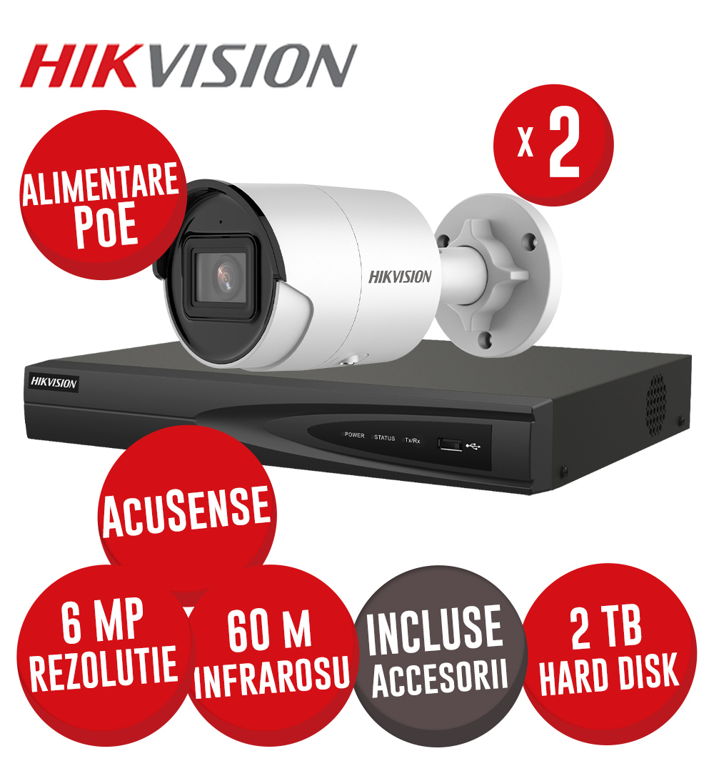 Sistem complet NVR 4 canale 8MP, 4xPoE, 2 camere IP 6MP, IR 40m, HDD, accesorii - KIT589