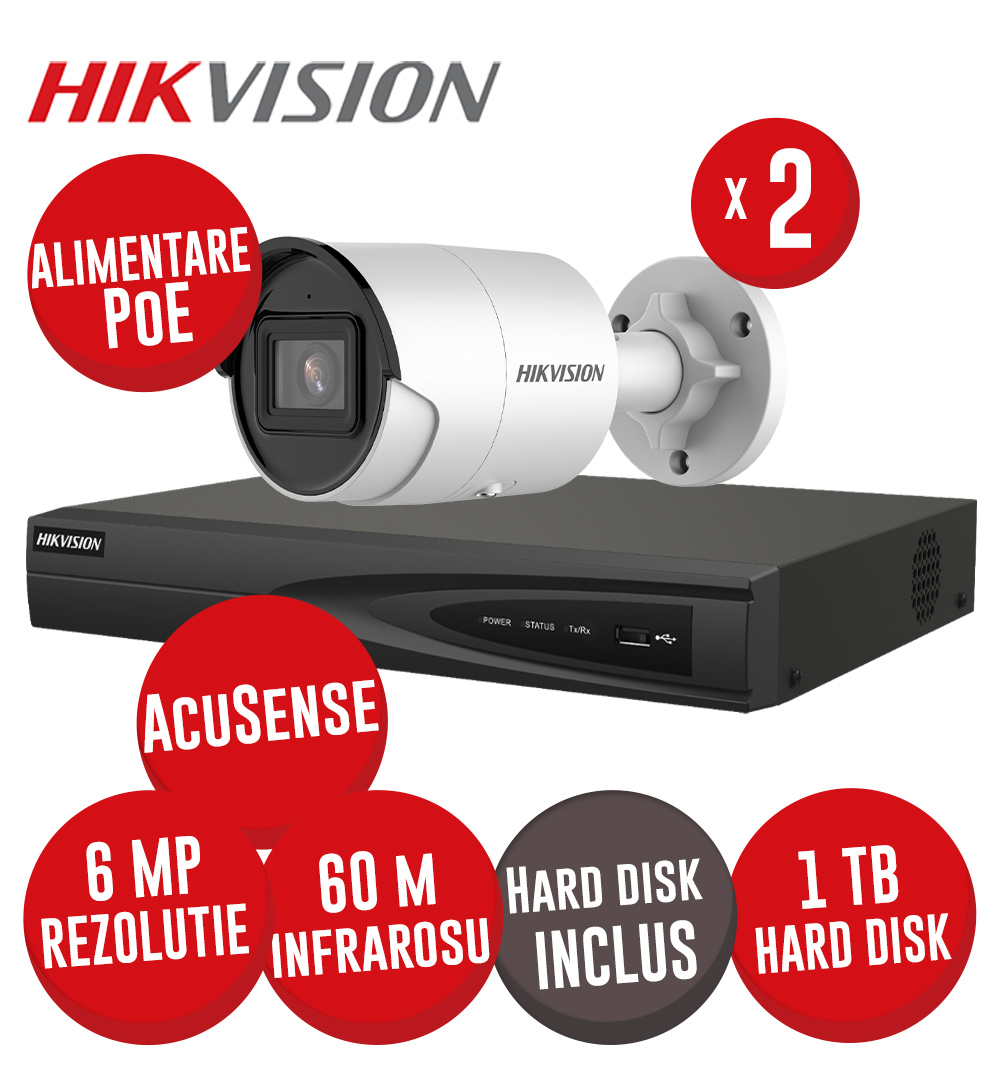 KIT NVR 4 canale 8MP, 4xPoE, 2 camere IP 6MP, IR 40m, HDD - KIT590