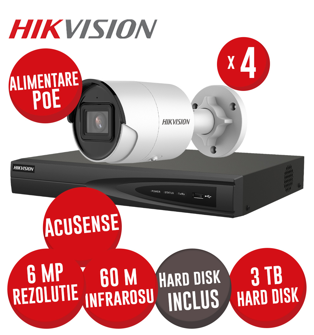 KIT NVR 4 canale 8MP, 4xPoE, 4 camere IP 6MP, IR 40m, HDD - KIT591