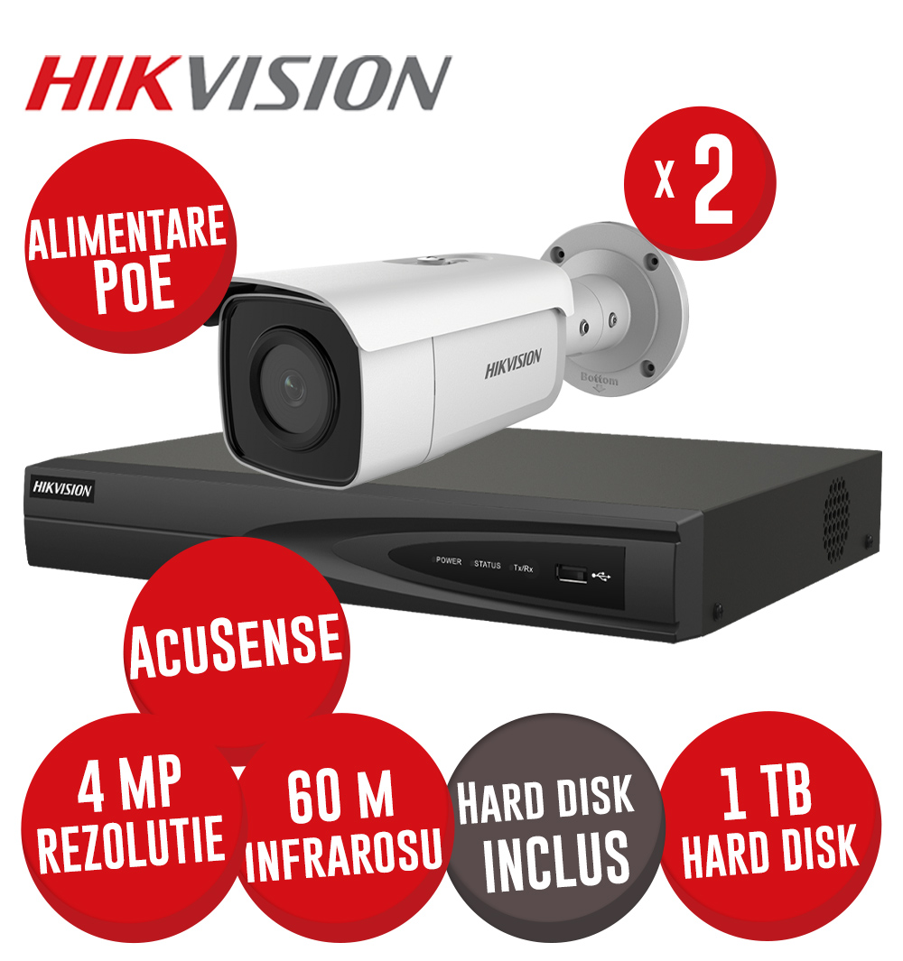 KIT NVR 4 canale 8MP, 4xPoE, 2 camere IP 4MP, IR 60m, HDD - KIT595