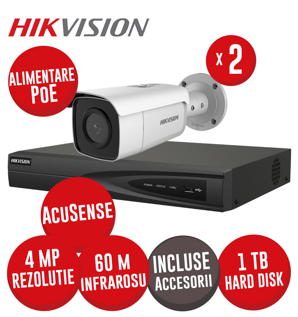 Sistem complet NVR 4 canale 8MP, 4xPoE, 2 camere IP 4MP, IR 60m, HDD, accesorii - KIT598