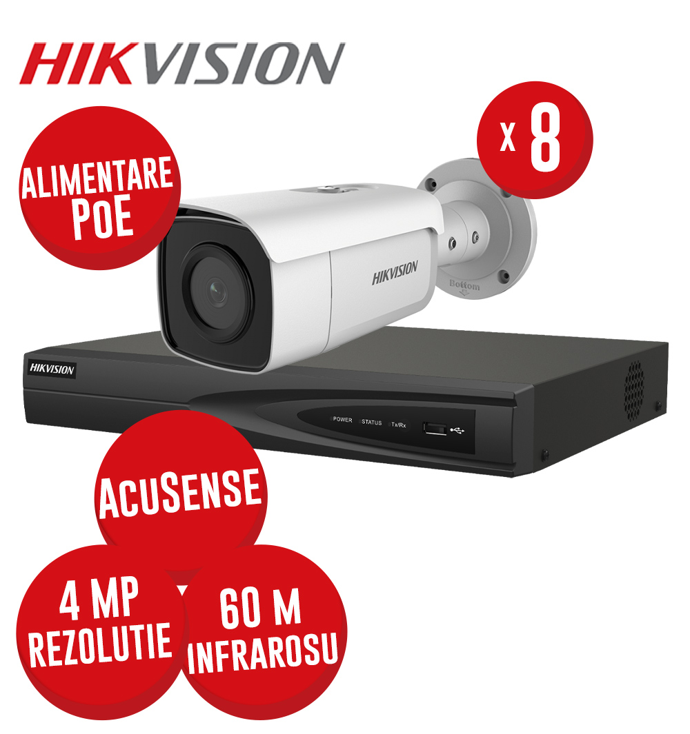 KIT NVR 8 canale 8MP, 8xPoE, 8 camere IP 4MP, IR 60m - KIT601