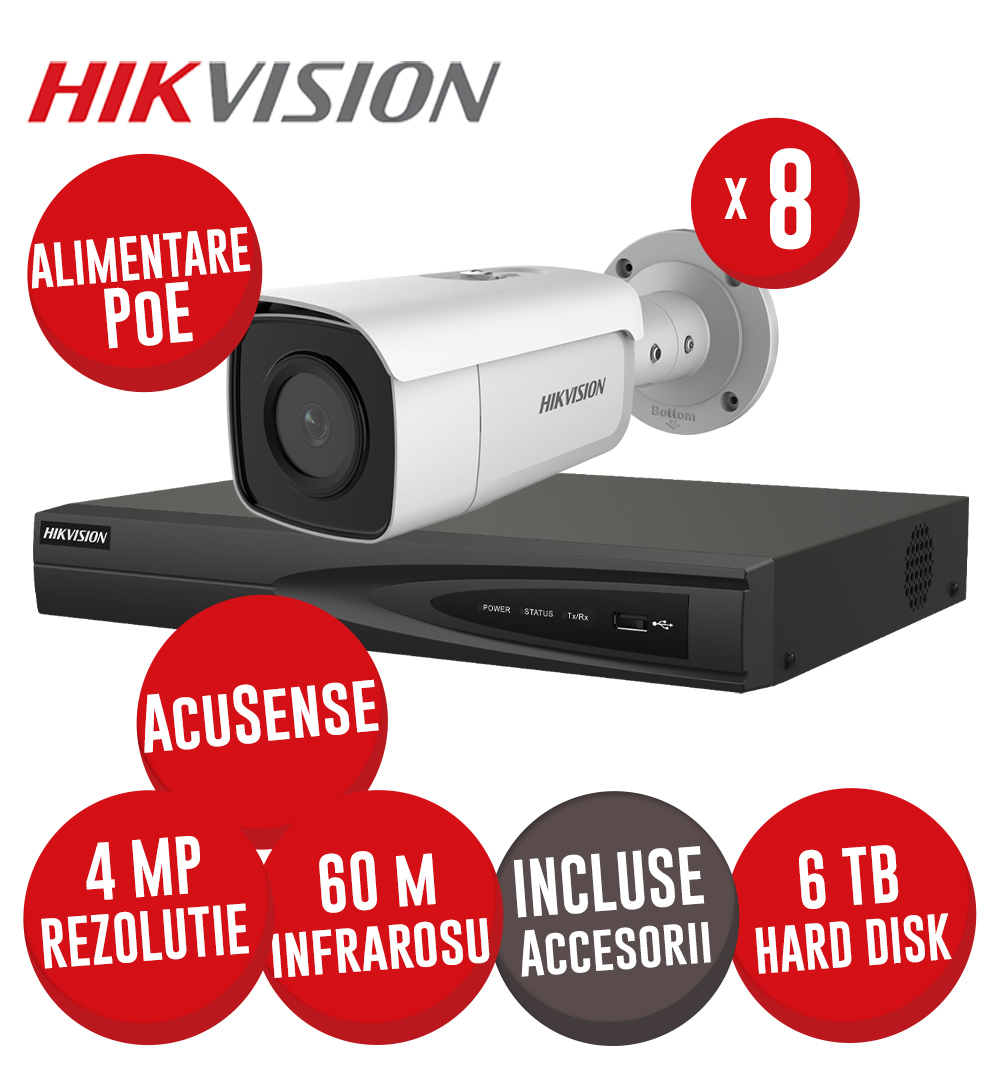 Sistem complet NVR 8 canale 8MP, 8xPoE, 8 camere IP 4MP, IR 60m, HDD, accesorii - KIT603