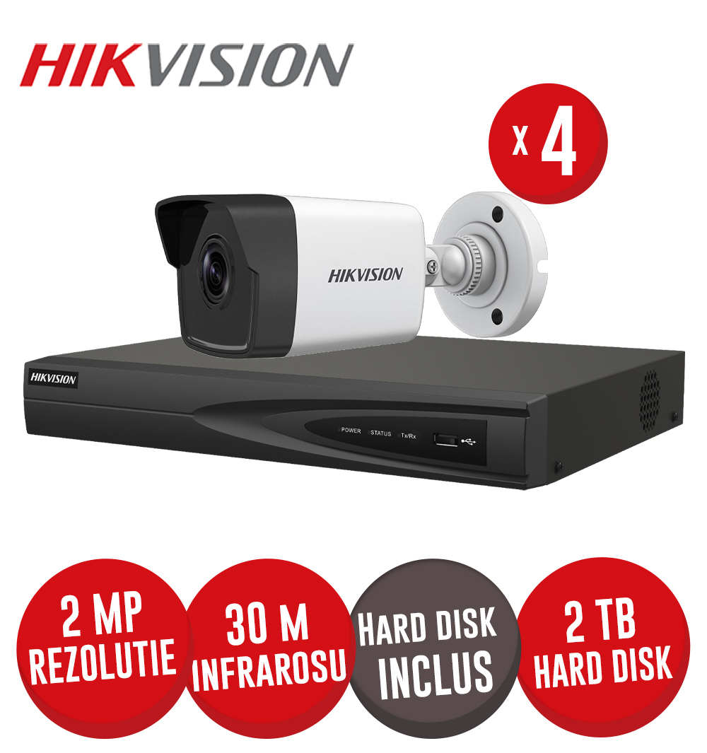 Kit NVR 4 canale 8MP, 4xPoE, 4 camere IP 2MP, IR 30m si HDD - KIT607