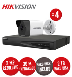 Kit NVR 4 canale 8MP, 4xPoE, 4 camere IP 2MP, IR 30m si HDD - KIT607