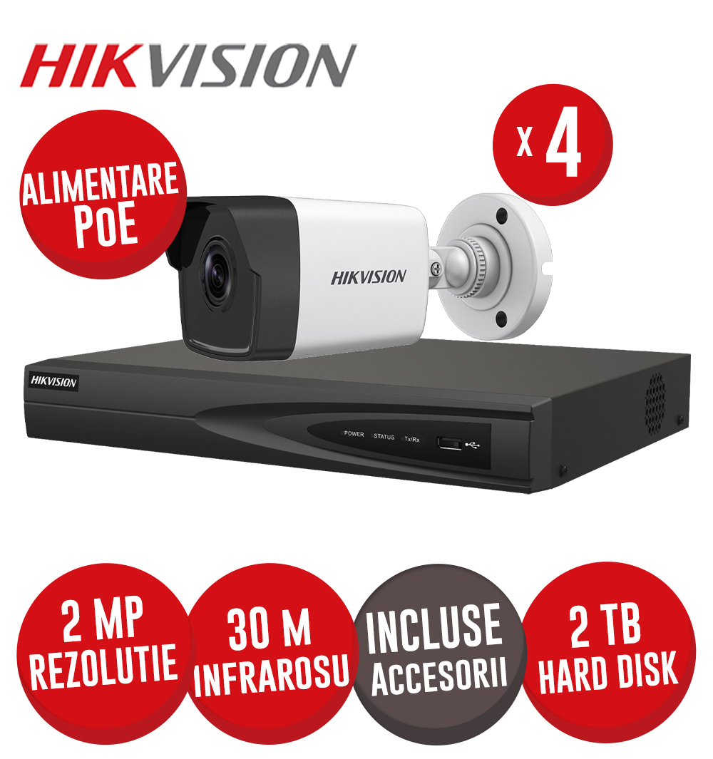 Sistem complet NVR 4 canale 8MP, 4xPoE, 4 camere IP 2MP, IR 30m, HDD, accesorii - KIT608