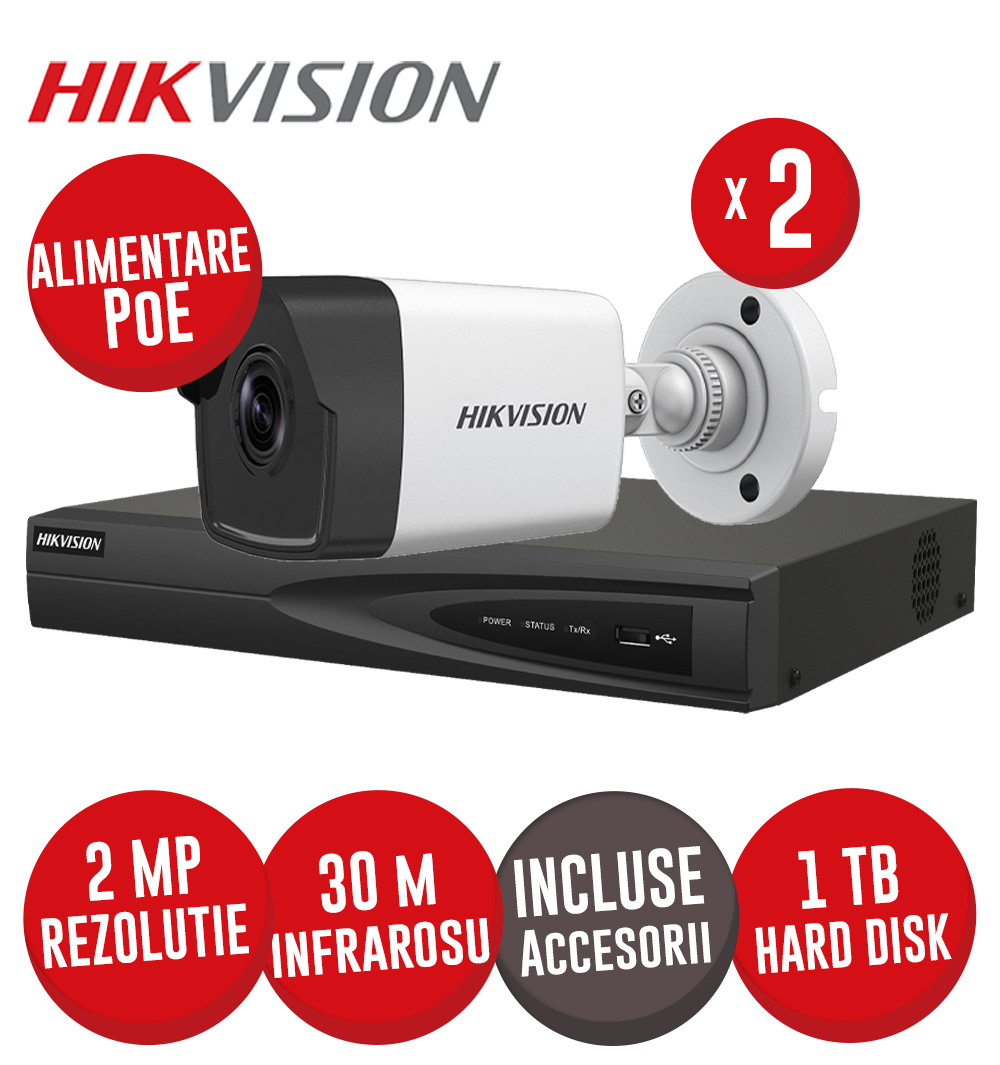 Sistem complet NVR 4 canale 8MP, 4xPoE, 2 camere IP 2MP, IR 30m, HDD, accesorii - KIT609