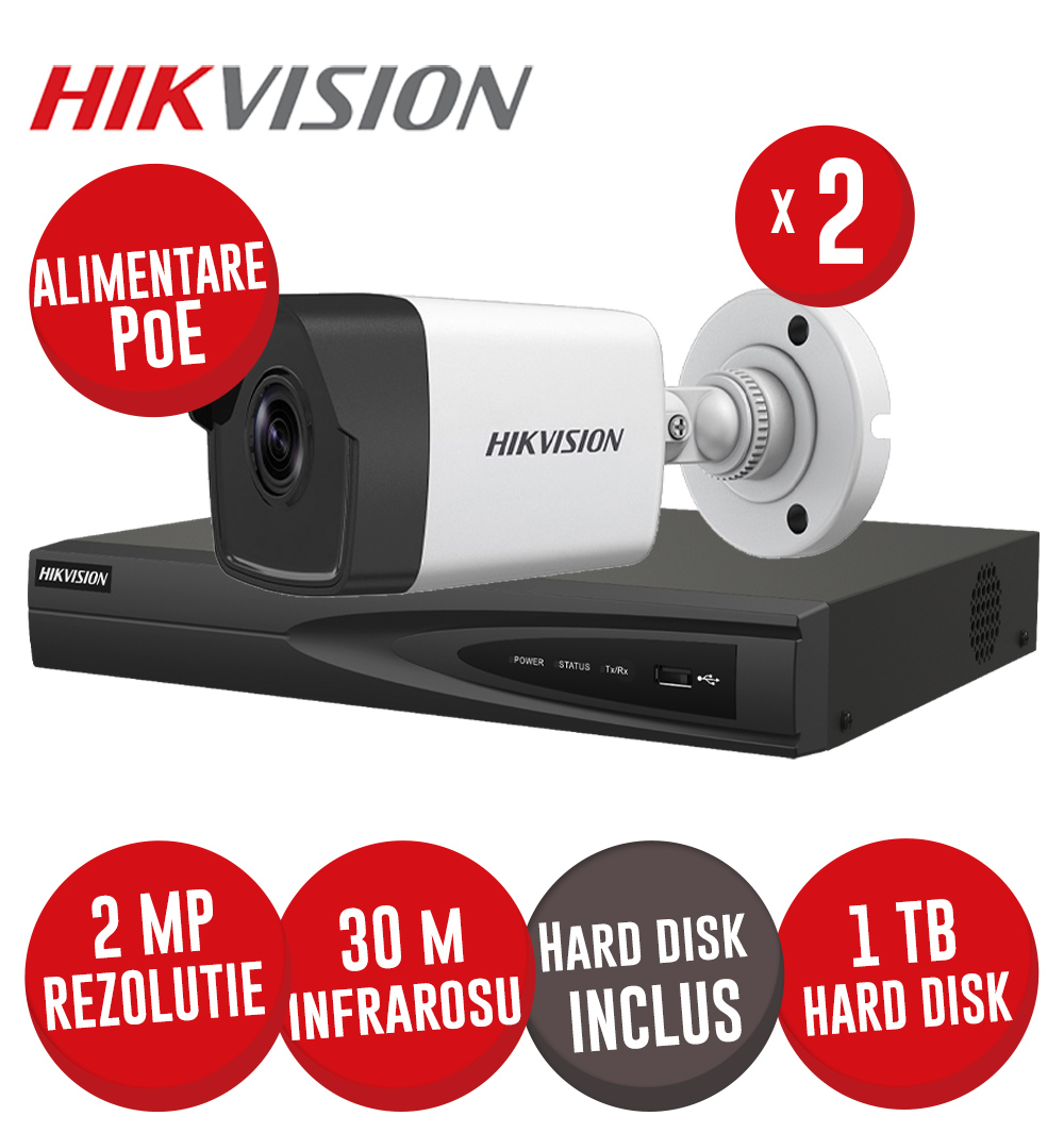 Kit NVR 4 canale 8MP, 4xPoE, 2 camere IP 2MP, IR 30m si HDD - KIT611