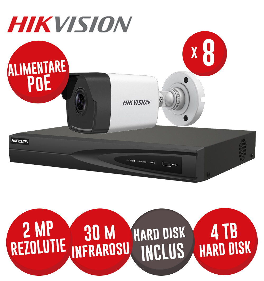 Kit NVR 8 canale 8MP, 8xPoE, 8 camere IP 2MP, IR 30m si HDD - KIT612