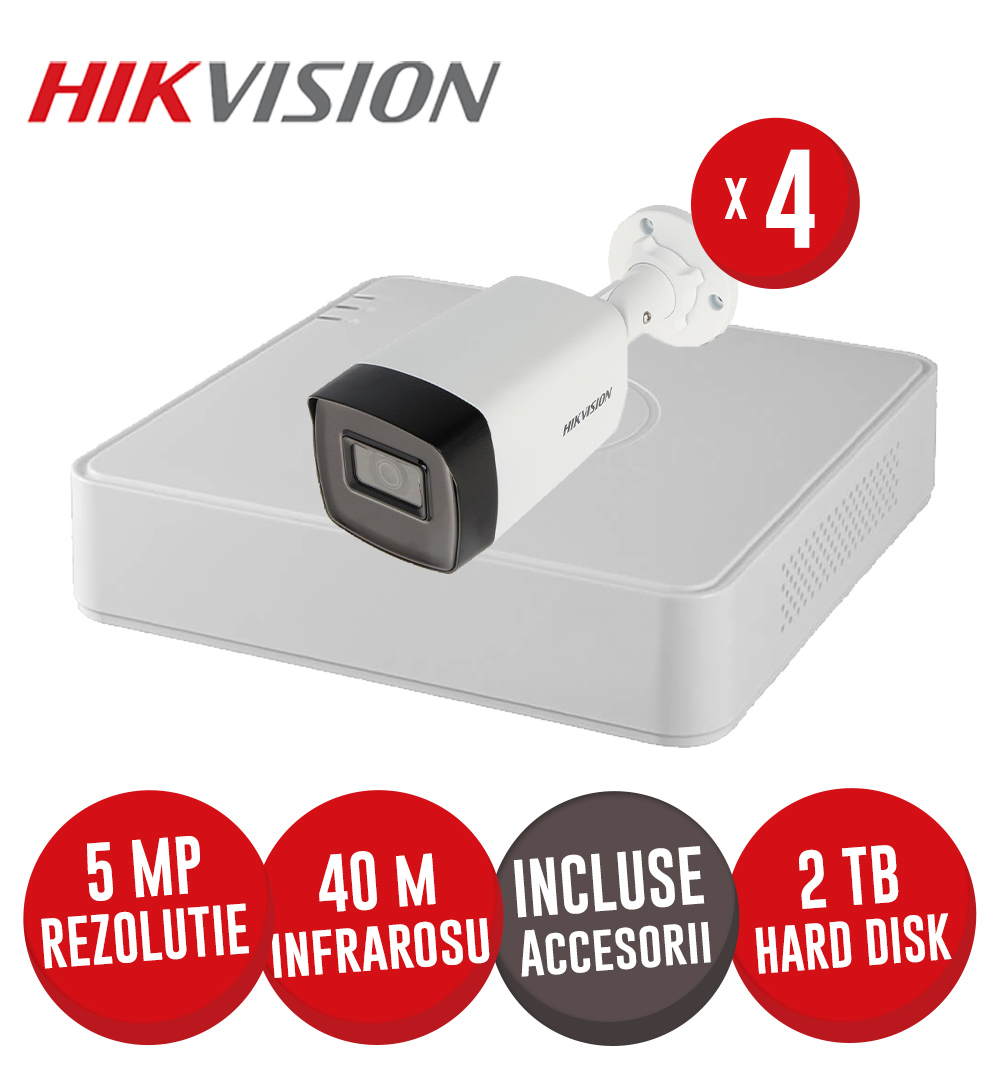 Sistem complet DVR 4 canale 5MP si 4 camere 5MP, IR 40m, accesorii, cablu UTP - KIT617