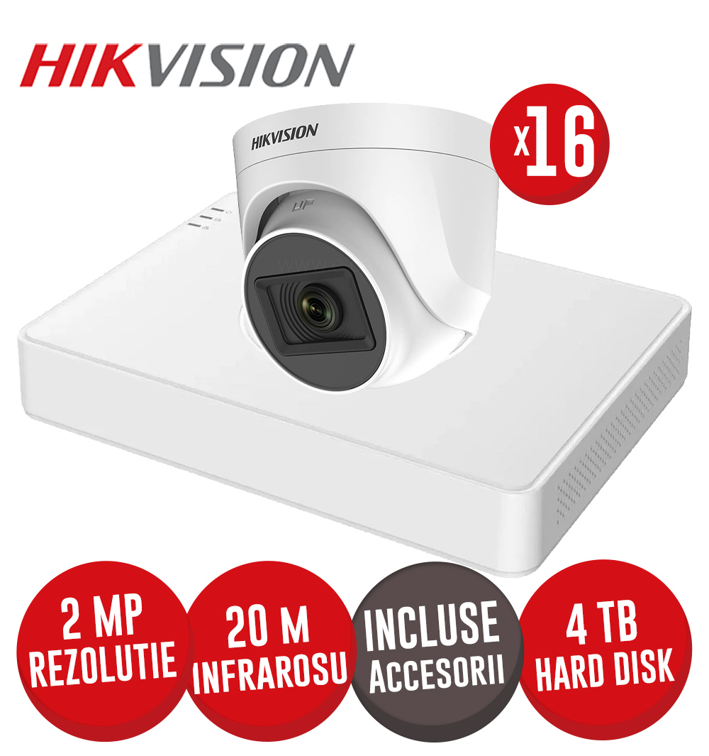 Sistem DVR 16ch. 2MP-N, 16 camere turret 2MP IR 20m cu microfon, HDD si accesorii - KIT684