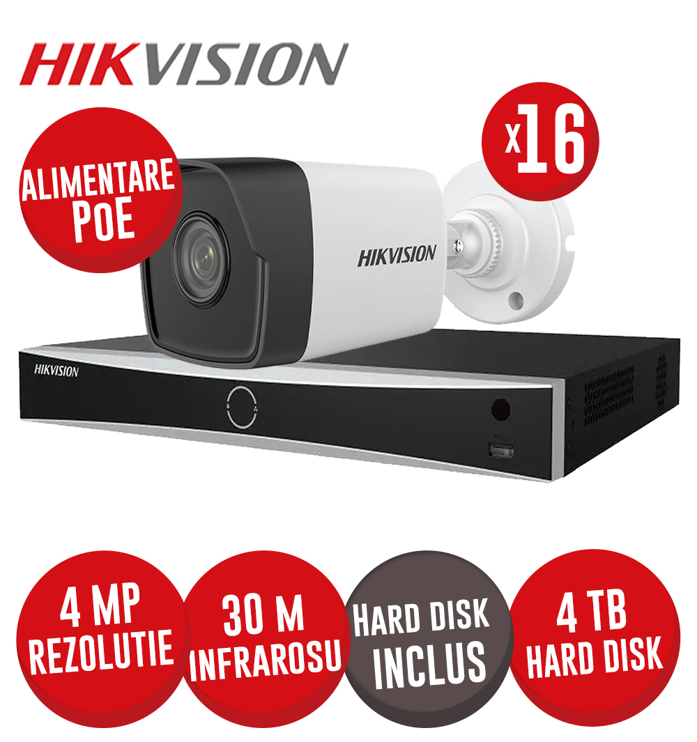 Kit NVR 16 canale 8MP, 16xPoE, 16 camere IP 4MP, IR 30m si HDD - KIT715