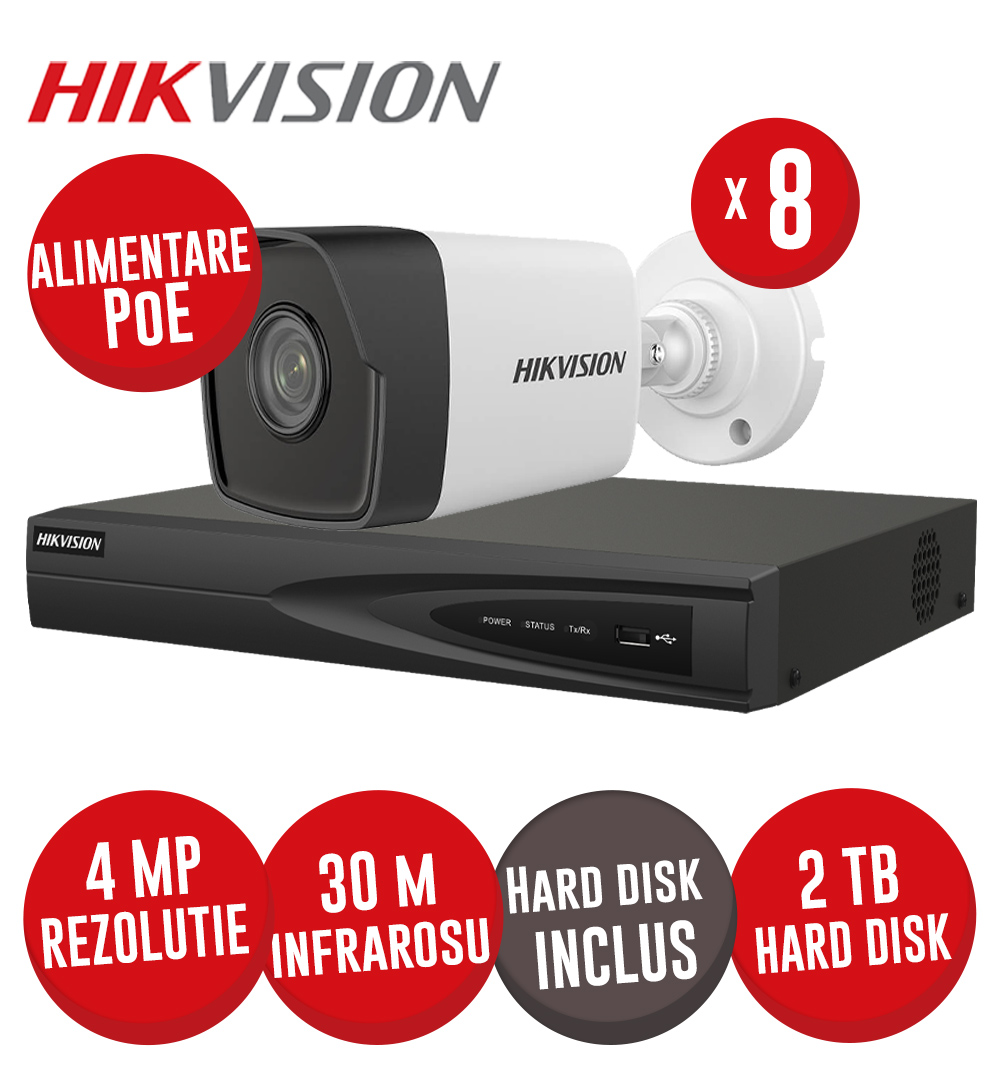 Kit NVR 8 canale 8MP, 8xPoE, 8 camere IP 4MP, IR 30m si HDD - KIT716