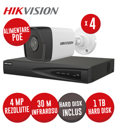 Kit NVR 4 canale 8MP, 4xPoE, 4 camere IP 4MP, IR 30m si HDD - KIT717