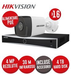 Sistem complet NVR 16 canale 12MP, 16xPoE, 16 camere IP 4MP, IR 30m, HDD si accesorii - KIT722