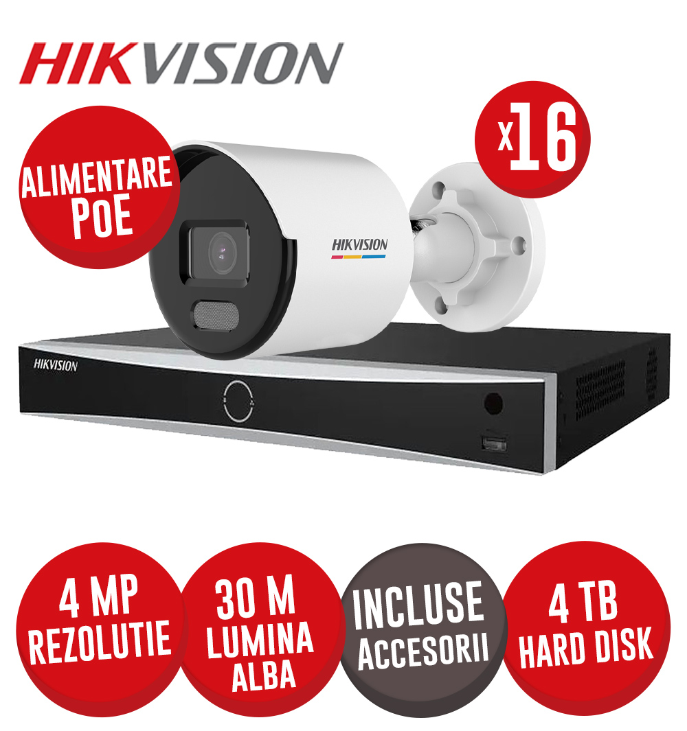 Sistem complet NVR 16 canale 12MP, 16xPoE, 16 camere IP 4MP, LED 30m, HDD si accesorii - KIT723