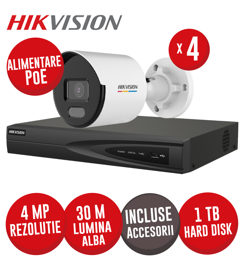 Sistem complet NVR 4 canale 8MP, 4xPoE, 4 camere IP 4MP, LED 30m, HDD si accesorii - KIT725