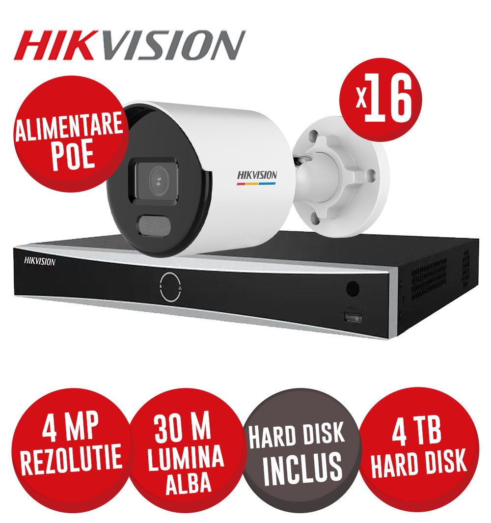 Kit NVR 16 canale 12MP, 16xPoE, 16 camere IP 4MP, LED 30m si HDD - KIT730