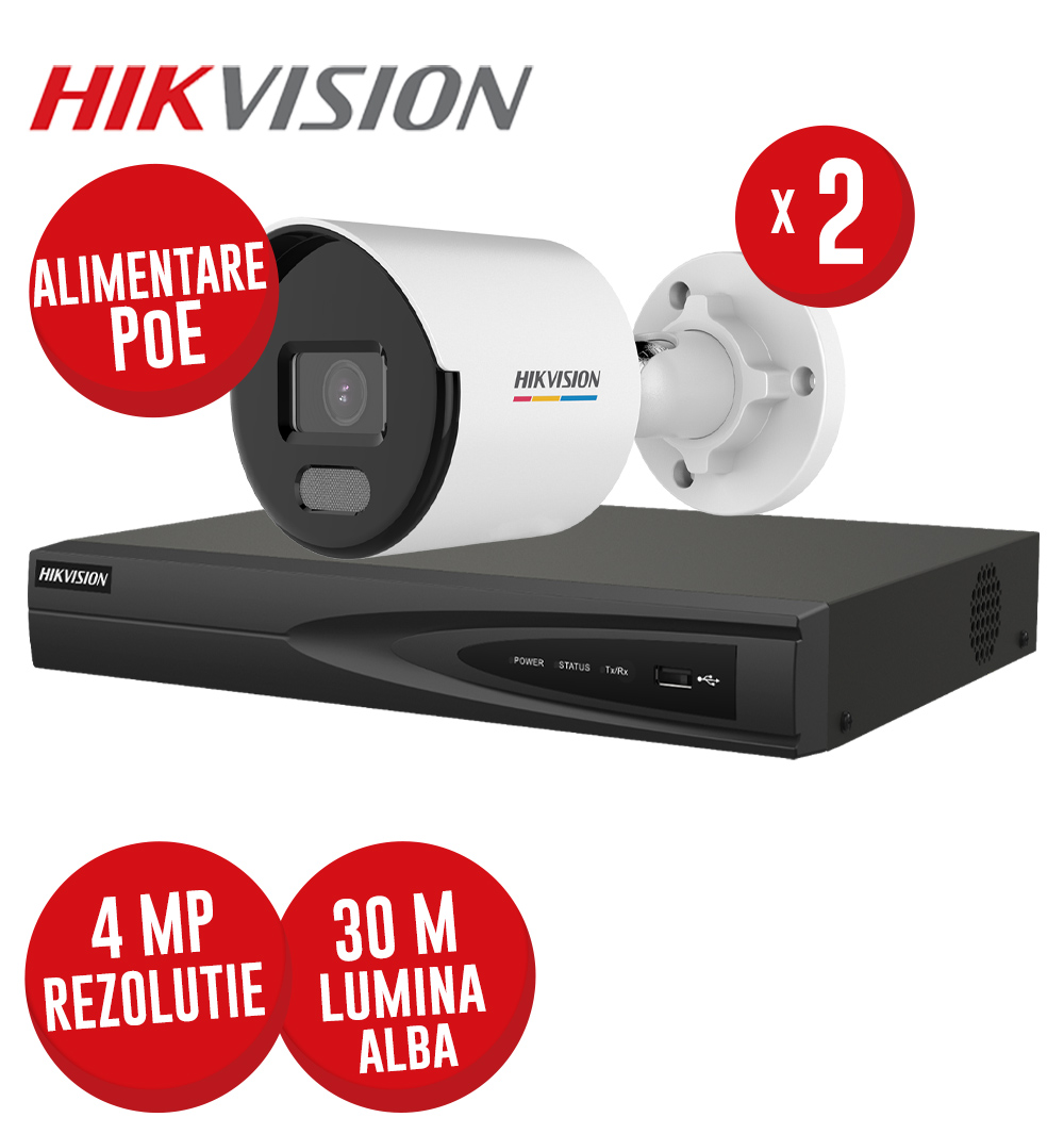 Kit NVR 4 canale 8MP, 4xPoE si 2 camere IP 4MP, LED 30m - KIT734
