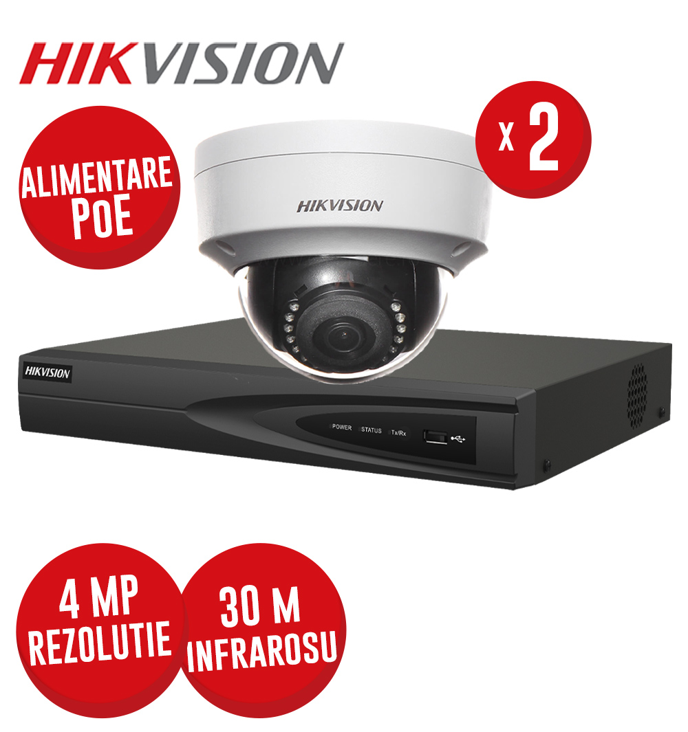 Kit NVR 4 canale 8MP, 4xPoE si 2 camere IP 4MP, IR 30m - KIT735