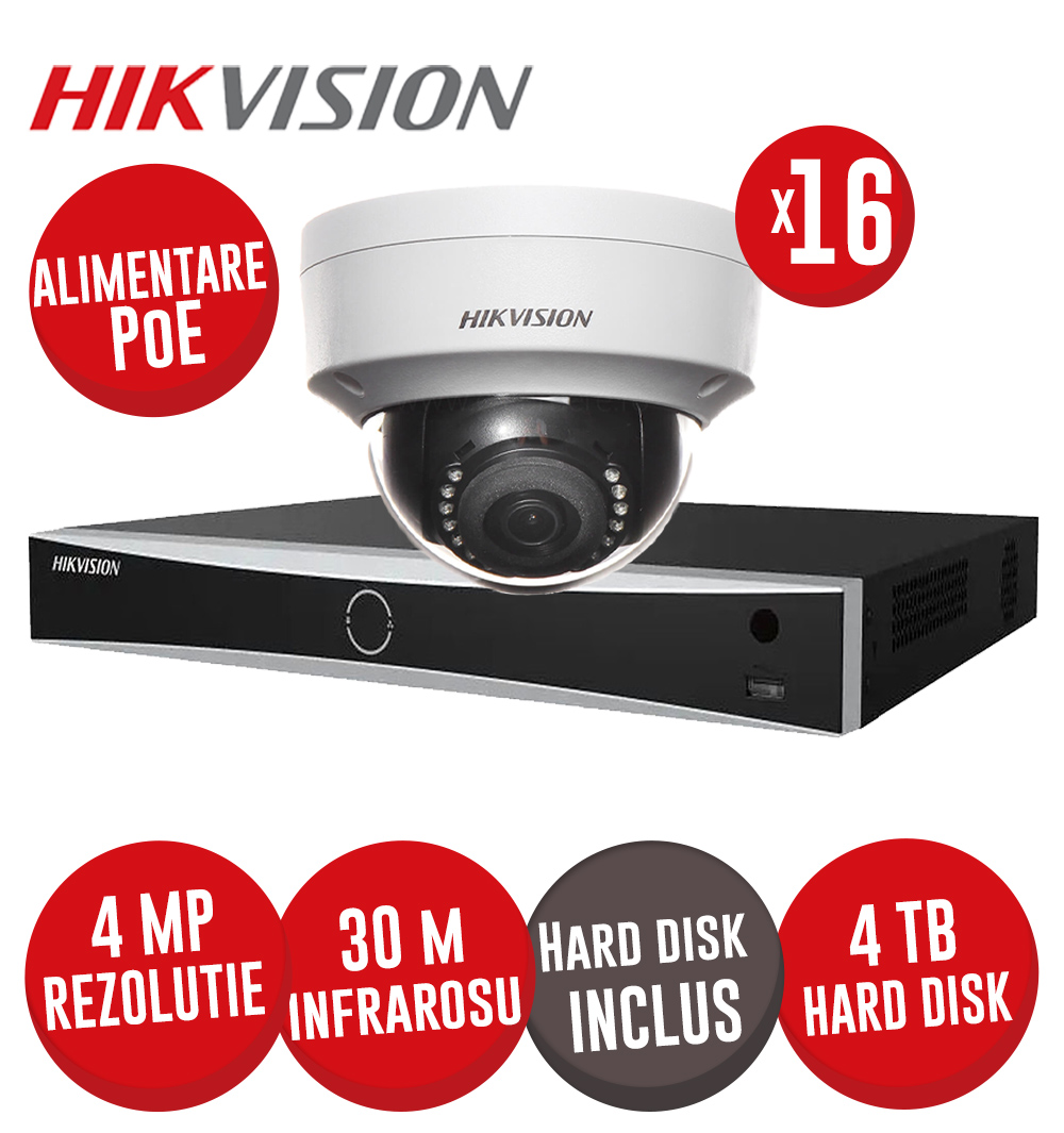 Kit NVR 16 canale 12MP, 16xPoE, 16 camere IP 4MP, IR 30m si HDD - KIT739