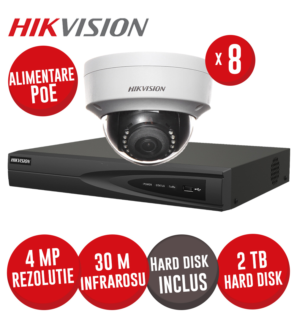 Kit NVR 8 canale 8MP, 8xPoE, 8 camere IP 4MP, IR 30m si HDD - KIT740