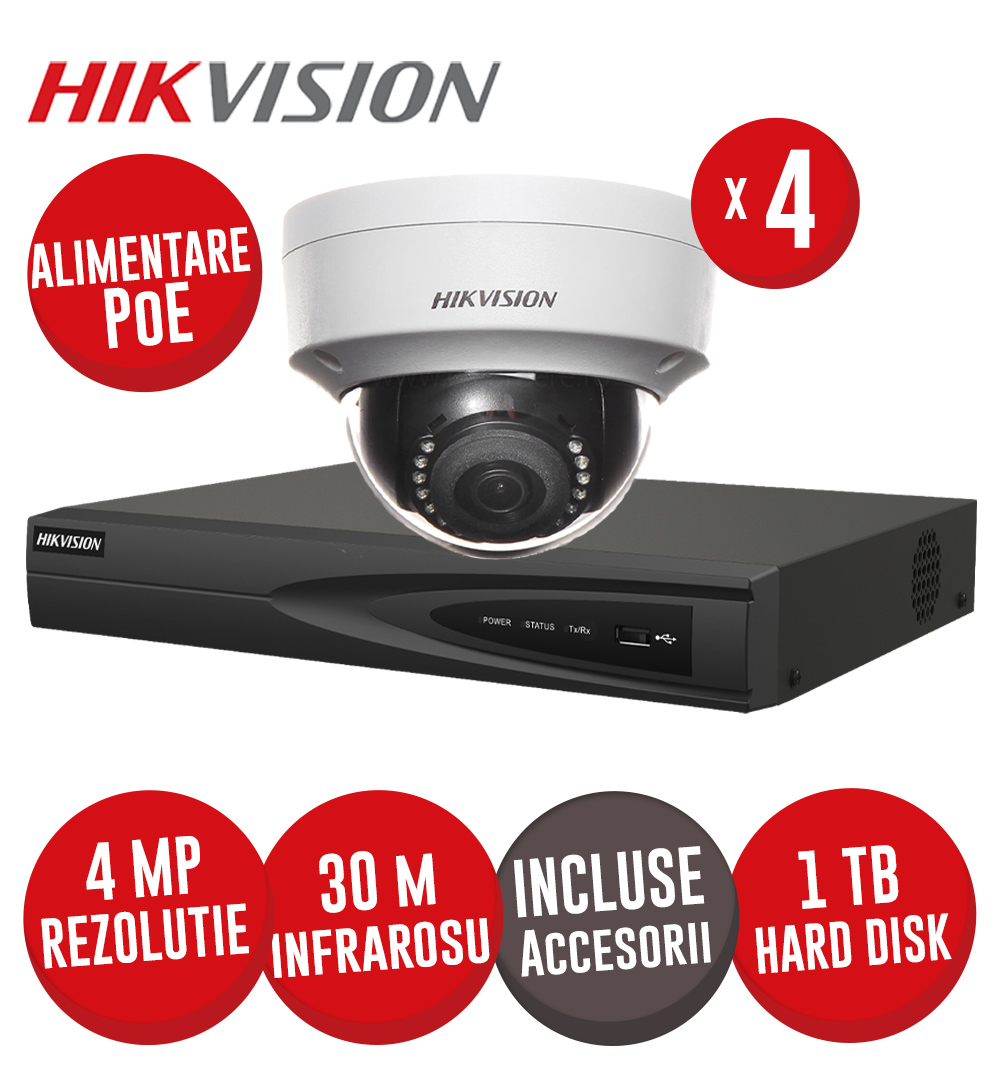 Sistem NVR 4 canale 8MP, 4xPoE, 4 camere IP 4MP, IR 30m, HDD si accesorii - KIT744