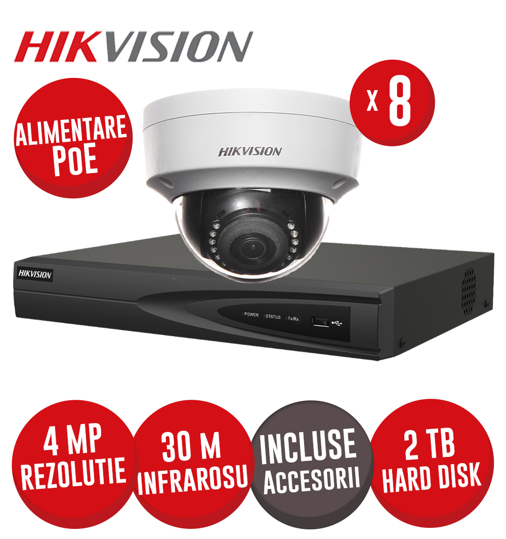 Sistem NVR 8 canale 8MP, 8xPoE, 8 camere IP 4MP, IR 30m, HDD si accesorii - KIT745