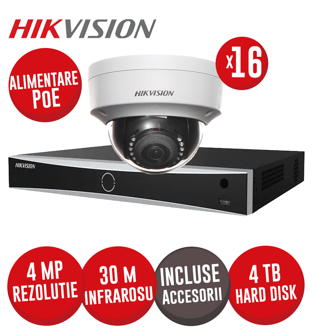 Sistem NVR 16 canale 12MP, 16xPoE, 16 camere IP 4MP, IR 30m, HDD si accesorii - KIT746
