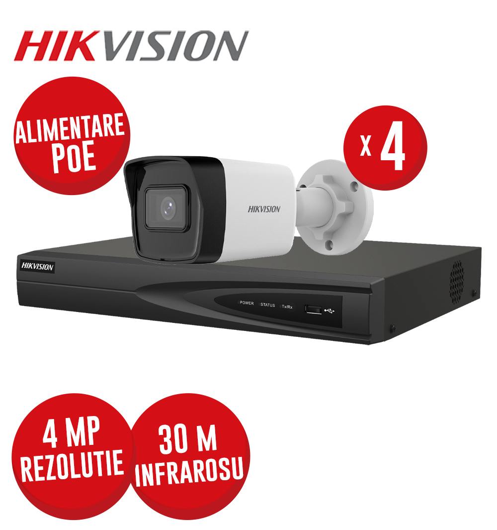Kit NVR 4ch 8MP, 4xPoE si 4 camere IP 4MP, IR 30m, PoE, Microfon - KIT769