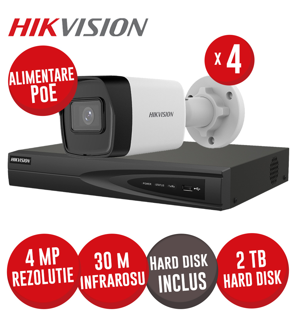 Kit NVR 4ch 8MP, 4xPoE, 4 camere IP 4MP, IR 30m, PoE, Microfon si HDD - KIT764