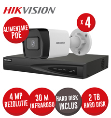 Kit NVR 4 canale 8MP, 4xPoE, 4 camere IP 4MP, IR 30m, PoE si HDD - KIT753