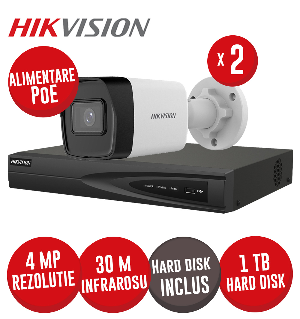 Kit NVR 4 canale 8MP, 4xPoE, 2 camere IP 4MP, IR 30m, PoE si HDD - KIT754