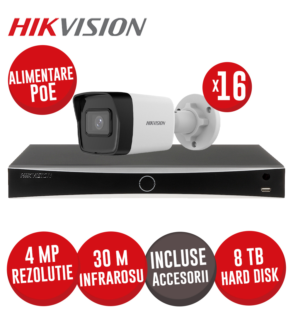 Sistem NVR 16ch 12MP, 16xPoE, 16 camere IP 4MP, IR 30m, PoE, Microfon, HDD si accesorii - KIT759