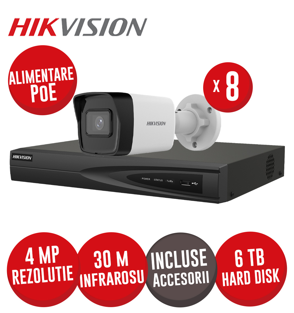 Sistem NVR 8 canale 8MP, 8xPoE, 8 camere IP 4MP, IR 30m, PoE, HDD si accesorii - KIT757