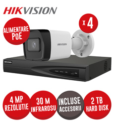 Sistem NVR 4ch 8MP, 4xPoE, 4 camere IP 4MP, IR 30m, PoE, Microfon, HDD si accesorii - KIT761
